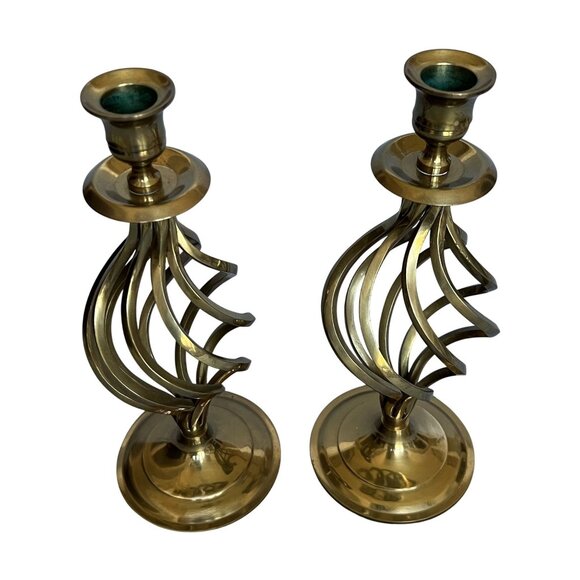Vintage Brass Heavy 11" Pair Spiral Twist Cyclone Style Victorian Candle Holder - Picture 8 of 12